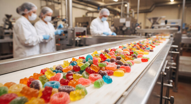 Factory workers controlling production line of colorful gummy candies on conveyor belt