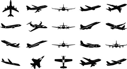 Fototapeta premium Collection of Various Airplane Silhouettes Featuring Commercial Passenger Jets and Military Fighter Aircraft Vector Icons