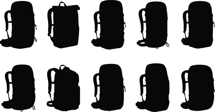 Collection of black silhouette icons featuring various styles of travel backpacks and hiking rucksacks for outdoor adventure and equipment design