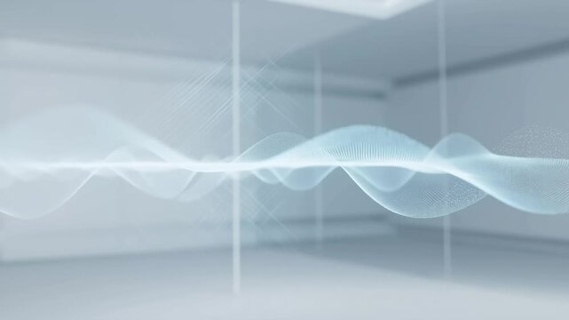 A glowing blue wave flows through a modern interior space with white walls and ceiling.