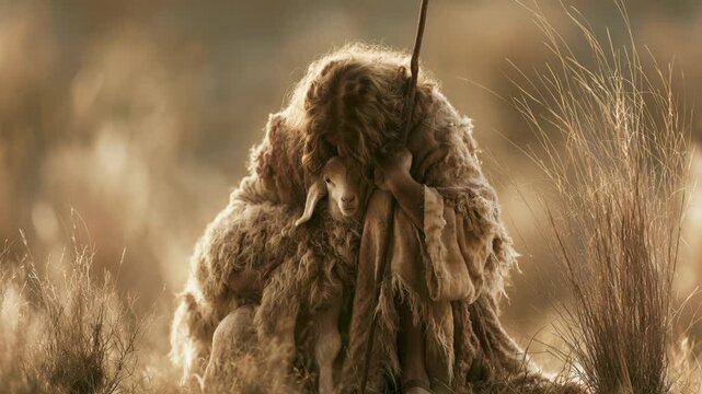 Jesus holds a sheep while resting in a field during sunset, showing care and compassion in a rural setting