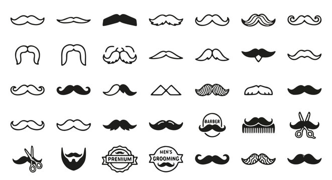 Vintage mustache icons set, black facial hair silhouettes and barber shop symbols, 35 grooming vector elements for mens fashion and movember