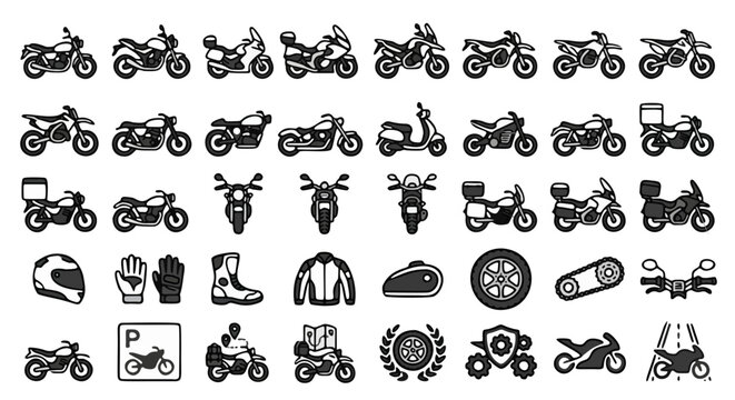 Motorcycle icon set with 40 black vector elements, motorbike silhouettes and biker gear symbols, transportation and racing equipment collection