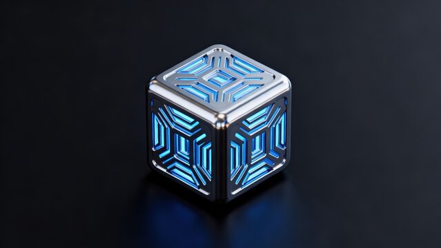 Metallic cube with glowing blue patterns