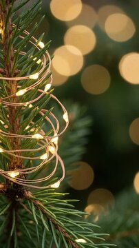 Festive pine tree branches adorned with glowing fairy lights in magical winter night