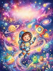 Naklejka premium Astronaut, Space, Kids, Cartoon, Colorful Galaxy, Stars, Planets, Rocket Ship