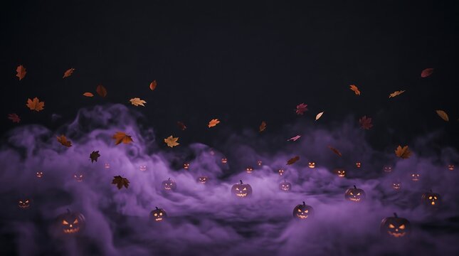 Spooky halloween night scene with glowing carved pumpkins and falling autumn leaves amidst dense purple fog on a dark charcoal background creating a mysterious seasonal atmosphere for festive holiday