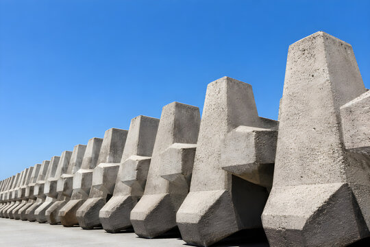 Low angle view of advanced geometric interlocking coastal defense blocks against a clear sky.