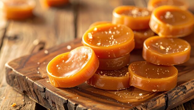 Rich Amber Caramel Candy Discs Glistening on a Rustic Wooden Board