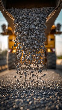 Close-up of crushed stone pouring from a dump truck at a road construction site, representing infrastructure, civil engineering, and aggregate materials.
