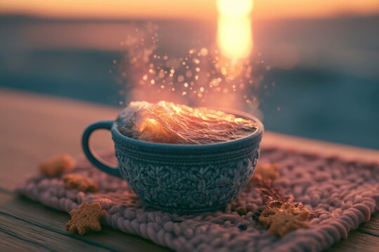 Steaming coffee cup glows at sunset on a textured mat with magical sparkling bokeh for wellness and relaxation marketing