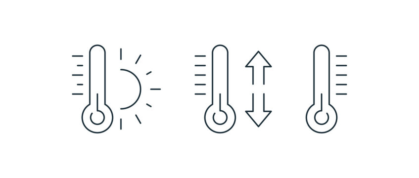 Thermometer icons depicting sunny hot weather, fluctuating temperature levels with up and down arrows, and a basic degree gauge for climate control vector illustration.
