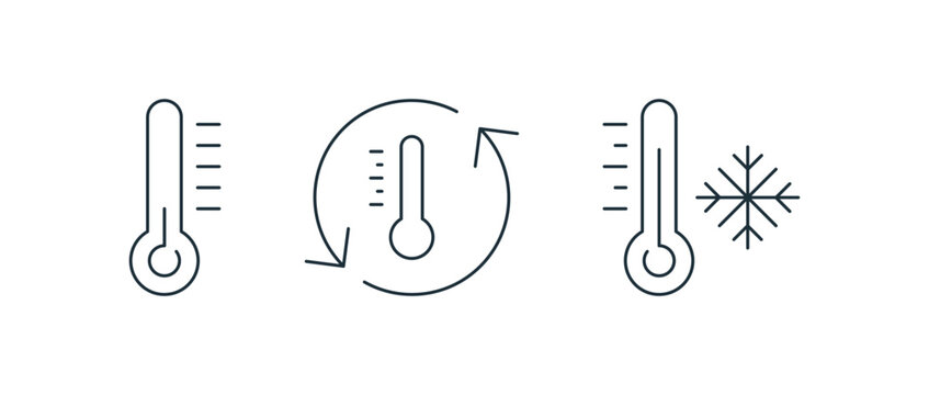 Thermometer icon collection featuring a basic temperature gauge, automatic regulation with rotating arrow, and freezing cold indicator for weather monitoring vector illustration.
