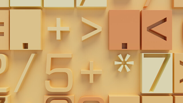 Abstract Mathematical Symbols and Numbers on Beige Background Featuring Geometric Shapes, Including Plus, Greater Than, Less Than, Division, Multiplication, and Number 7 for Educational Use
