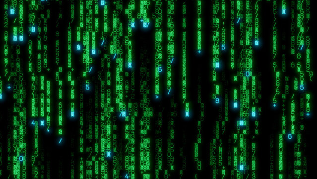 Abstract digital mosaic pattern in vibrant green and blue lines with varying thickness on a solid black background, perfect for smart home technology themes, data visualization, and design projects