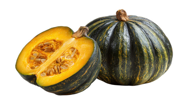 Fresh kabocha squash with cut half isolated, sweet Japanese pumpkin for healthy seasonal cooking on white background