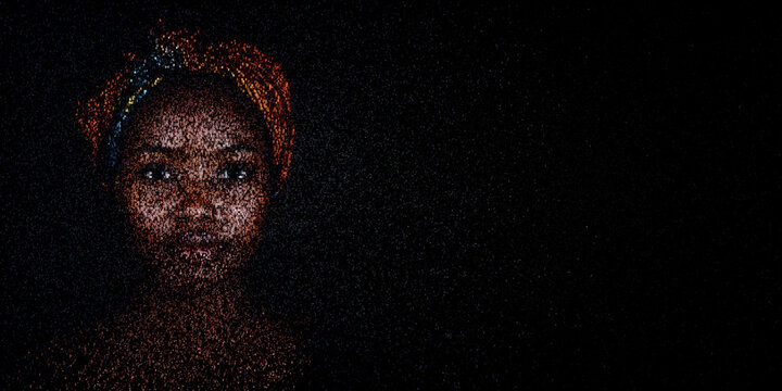 Digital ID Portrait of African Woman with Face made up of Computer code. Data privacy Concept with copy-space.