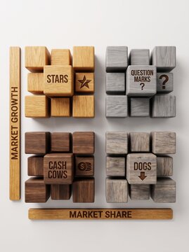 BCG Growth Share Matrix concept with wooden blocks representing corporate portfolio strategy on white background