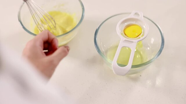 Pastry chef baker using an egg separator tool to remove separate egg yolk from the white over white bowl for delicious birthday bakery order, ideal for cooking baking, confectionery, culinary