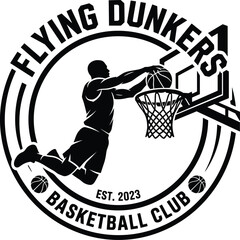 Monochromatic Basketball Club Emblem Featuring a Silhouette Athlete Executing a Powerful Slam Dunk Motion for Athletic Organizations © Mithu