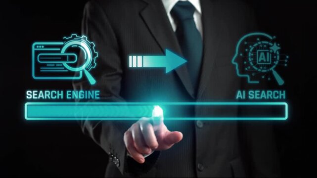 Futuristic Concept of AI Search and Data Processing in a Modern Digital Environment with Businessman Interaction and Technology Visualization. Liminal.