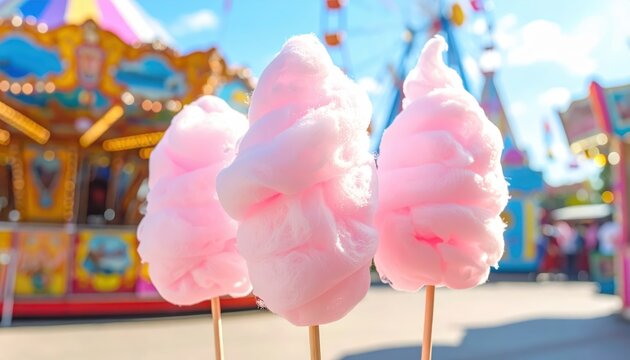 Pale Pink Cotton Candy Clouds on Sticks at an Outdoor Fair
