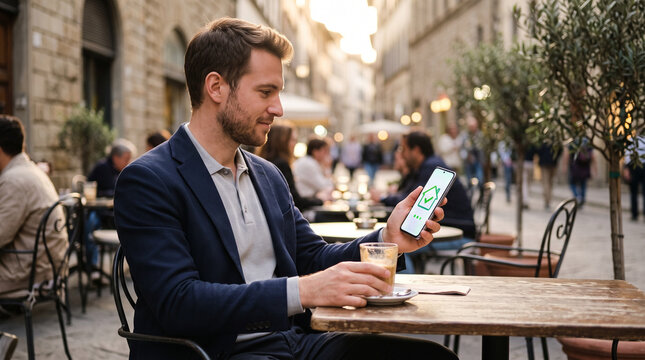 Man checking smart home security status on smartphone at outdoor cafe