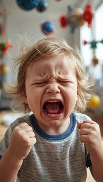 Crying toddler expressing intense emotions during an emotional outburst in a colorful playroom.