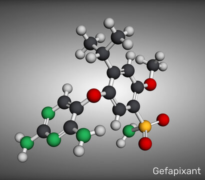 Gefapixant drug molecule, selective P2X3 receptor antagonist, used for the treatment of refractory chronic cough. 3D render