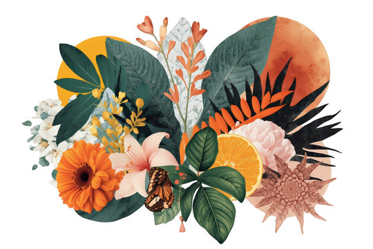 Tropical botanical composition featuring vibrant flowers, lush leaves, and an orange slice with a butterfly, transparent background
