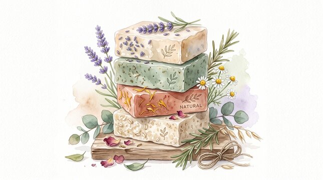 Soap bars stacked neatly on a wooden board are decorated with fresh botanical herbs and dried flowers to create an organic aesthetic for natural beauty products.