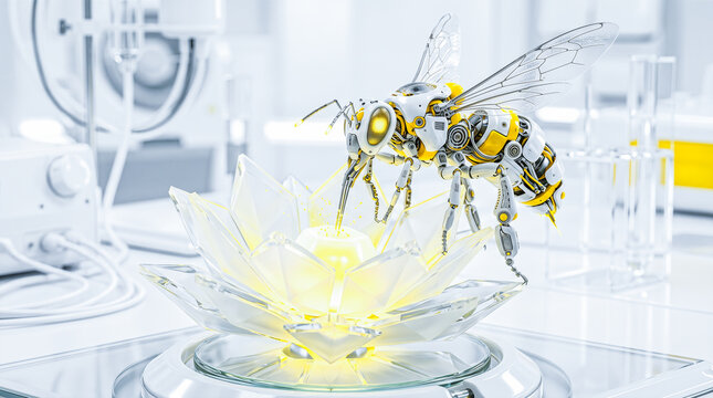 Advanced cybernetic robotic bee collecting glowing yellow pollen from futuristic crystal flower inside bright clean laboratory showcasing artificial environmental technology concept