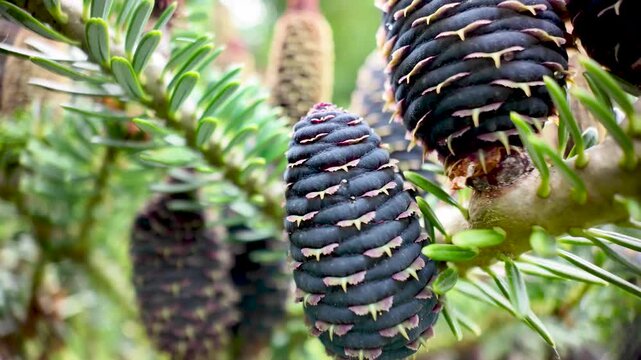 Korean fir cones and needles fill the frame in a detailed macro view with shallow depth of field.
