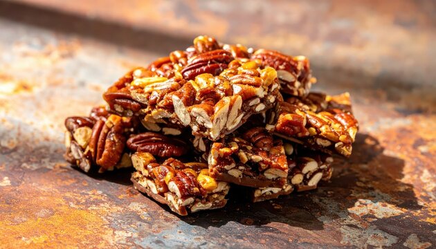 Pile of Crunchy Pecan Brittle Pieces with Visible Nuts and Caramelized Sugar