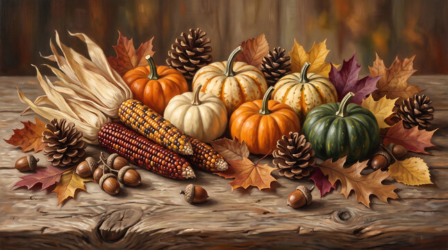 Oil Painting of Autumn Harvest With Pumpkins and Corn