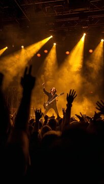 Excited concert crowd with raised hands celebrating beneath brilliant stage lights during an electrifying live music performance and festival experience.