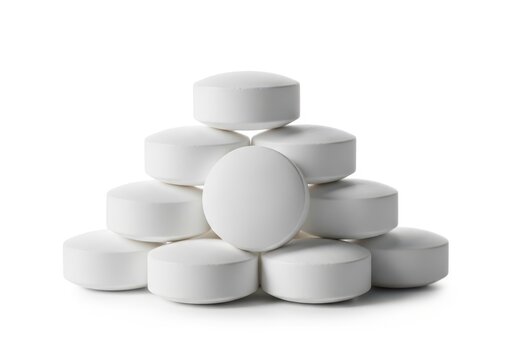 Stack of White Round Pharmaceutical Pills and Tablets Isolated on White Background for Healthcare and Medical Concepts