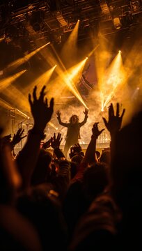Energetic concert crowd with raised hands beneath dramatic golden stage lights, capturing the excitement of a live music performance and festival atmosphere.