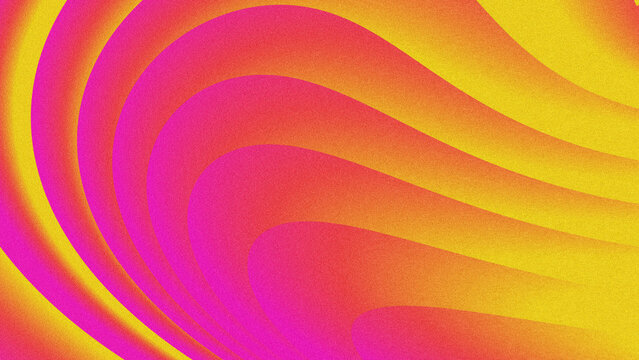 Vintage textured abstract backdrop with smooth curved wavy layers, grainy noise texture, seamless pink-orange-yellow gradient flow. 