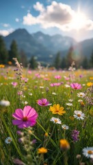 Fototapeta premium Colorful wildflowers blooming in a sunlit alpine meadow with majestic mountains in the background, creating a peaceful summer landscape filled with natural beauty.