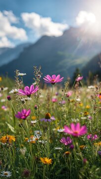 Colorful wildflowers blooming in a sunlit alpine meadow with majestic mountains in the background, capturing the beauty of nature in summer.