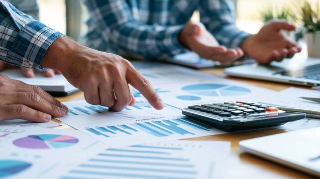 accountant explaining tax planning and financial strategy to business owner, office desk with reports and calculator, realistic corporate photography