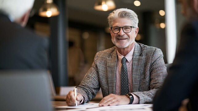 wealth management consultation with senior investor reviewing retirement portfolio, financial documents, professional advisor, premium office environment, realistic photography
