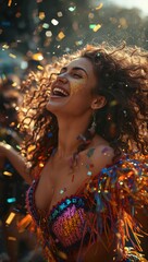 Fototapeta premium Joyful woman dancing beneath colorful confetti at a vibrant outdoor festival, celebrating music, freedom, and unforgettable summer moments.