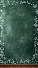 Green classroom chalkboard with hand-drawn science and education doodles forming a creative border around an empty copy space. © Curioso.Photography