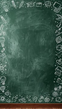 Green classroom chalkboard with hand-drawn science and education doodles forming a creative border around an empty copy space.