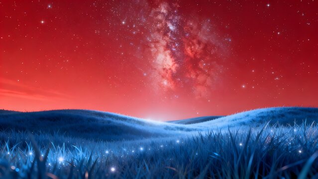 Starry night sky over grassy hills