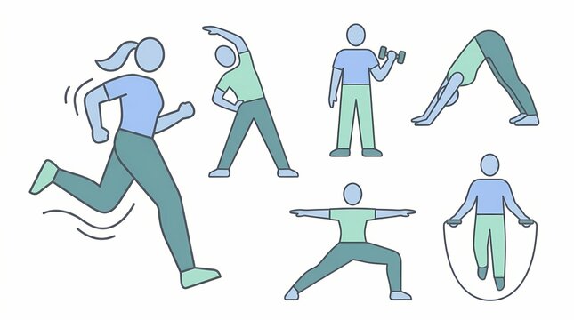 People engaging in various sports and fitness activities with minimalistic illustrations