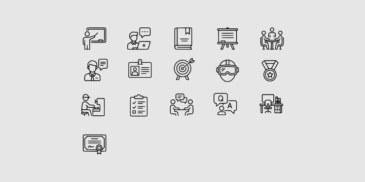 Icon set collection of corporate business communication, professional training, office management, meeting strategy, and workforce development vector icons.