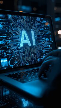 Person using a laptop displaying an artificial intelligence interface with glowing digital circuitry, representing modern AI technology and machine learning.